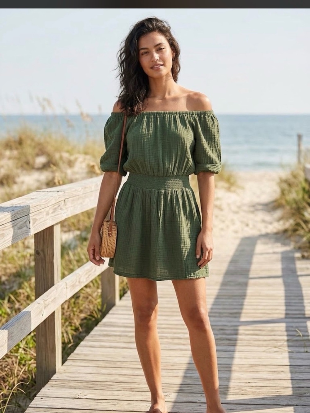 NWT $148 Michael Stars Fernanda Smocked Waist Green Dress Dark Matcha Sz Small S